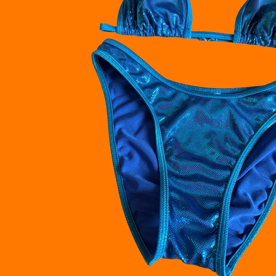 Bikini vintage años 90 azul brillante metálico iridiscente corte alto pierna alta GRANDE Foto 3 de 4