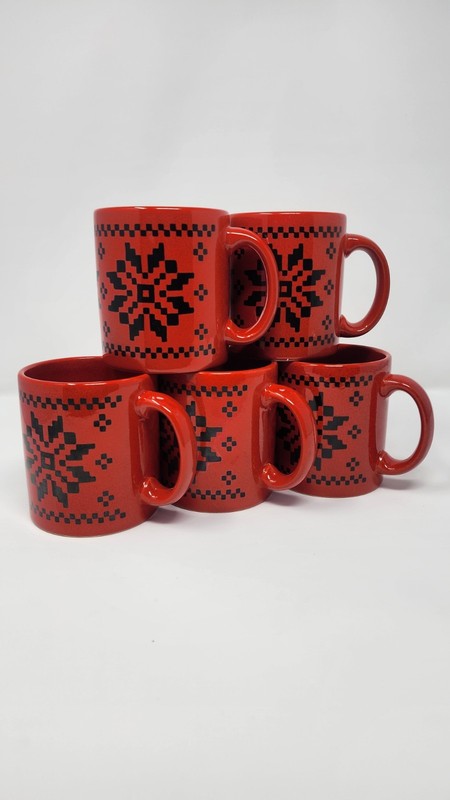 5 Vintage Waechtersbach North Woods Red Mugs with Black Snowflake Germany