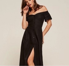 Reformation Mariposa Midi Dress Off Shoulder Linen Blend Black Women’s Sz 2 USA