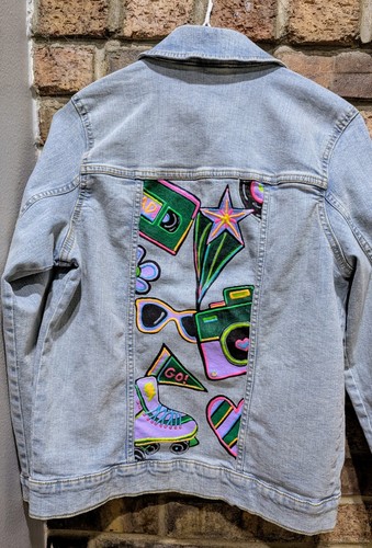 There Abouts Girl's Custom Denim Jacket 80's Retro Theme Hand Painted Neon Glows - Picture 4 of 10