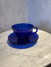 Vintage Duralex France Vereco Rivage Cobalt Blue Swirl Cup & Saucer