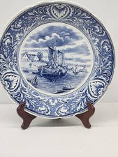 Vintage Boch ROYAL SPHINX Delft Blue White WALL PLATE Dutch  Canal Sailboats