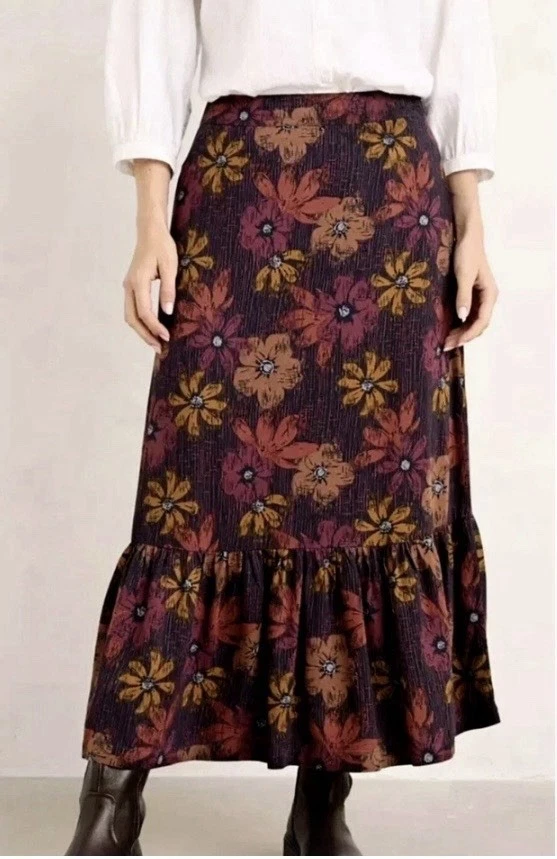 Seasalt Wildflower Skirt Size UK 16 Burgundy Floral Linen Mix Midi Tiered Boho