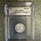 1/10 oz .9999 Silver Buffalo Nickel Design  ICG MS70 ND Round Bullion.