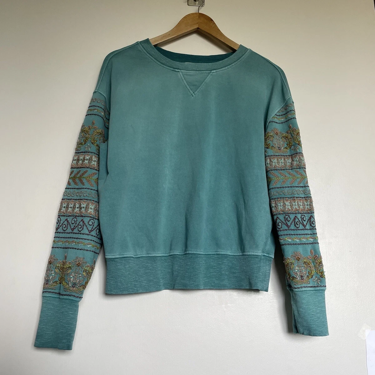 Sundance Happy Place Sweatshirt Teal Blue Embroidered Sleeve Boho