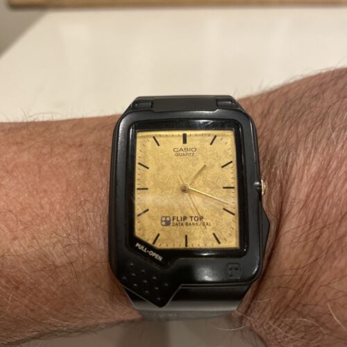 Vintage Casio FTP-30 Flip Top Calculator Databank Watch RARE Champagne Works NB