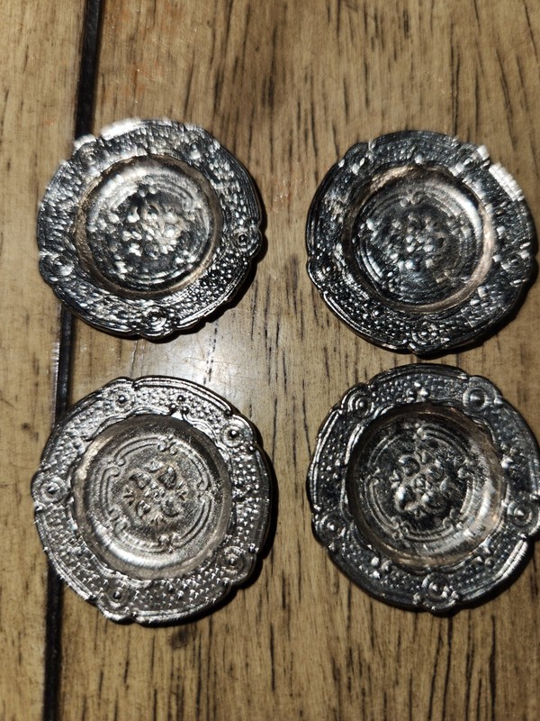 4 VINTAGE DOLLHOUSE MINIATURE 1” ornate silverplate dinner plate