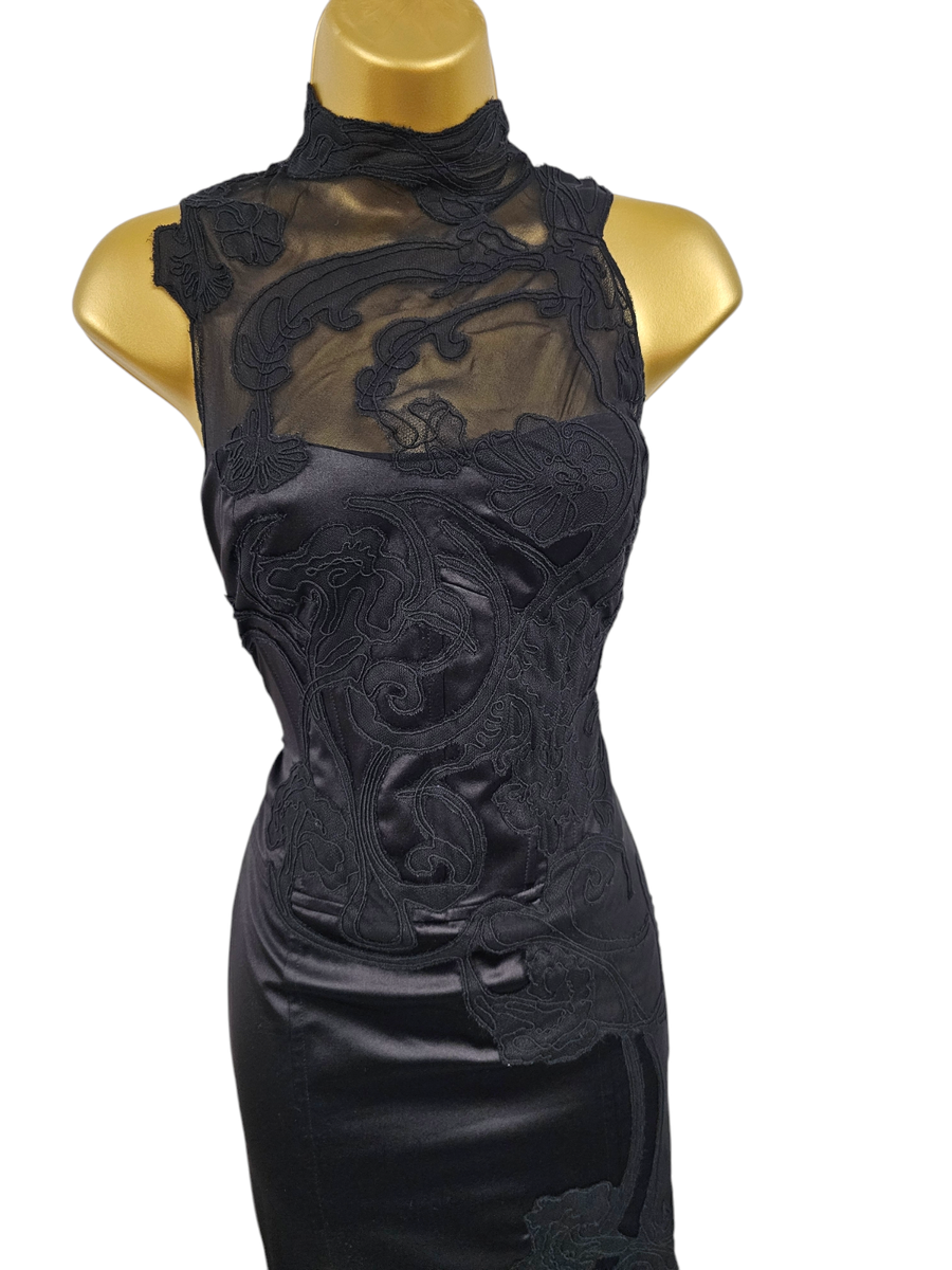 10 UK KAREN MILLEN Vintage Black Lace Embroidered Corset Bodycon