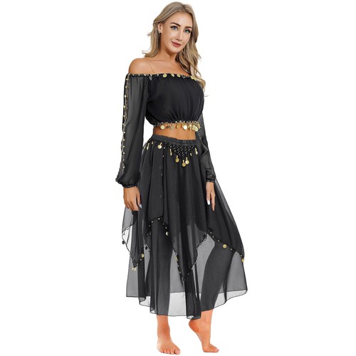 Womens Shiny Off Shoulder Tops Sequin Trims Chiffon Skirt Belly Dance Outfit - Picture 6 of 68