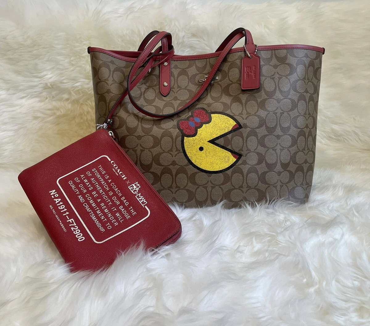 NWT AUTH Rare Coach Reversible City Tote Sig Canvas W Ms Pac-Man Print $398