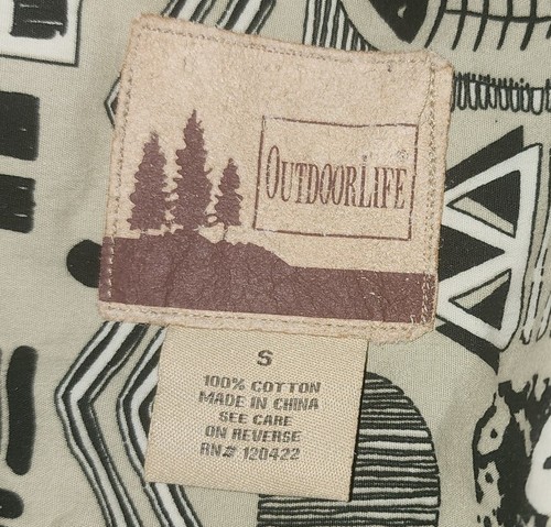 Outdoor Life Old Fashioned Fish Bones Print Tan Button-Front S/S Cotton Shirt M - Picture 3 of 4