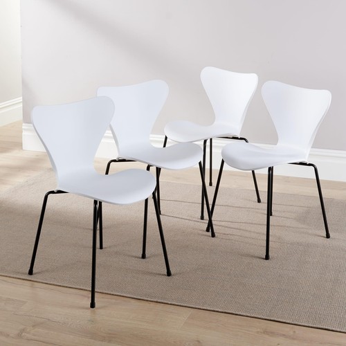 Dining Table Set 120cm White Top Wooden Legs 4 Curved Plastic Metal White Chairs - Picture 10 of 12