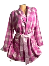 VICTORIA'S SECRET PLAID PINK FLANNEL COZY SOFT ROBE KIMONO WRAP RELAXED FIT M/L