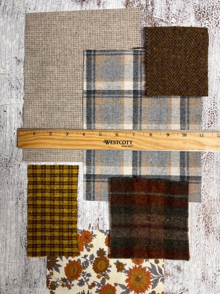 Vintage Bundle of 5 Pieces of Fabulous Wool Fabrics with Floral Fabric Piece - Image 4 of 4