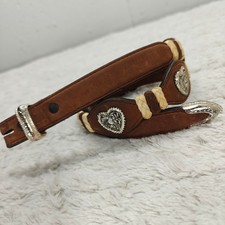 VTG Brown Leather Western Belt Silver Heart Cochos Romantic Cottagecore Boho 28