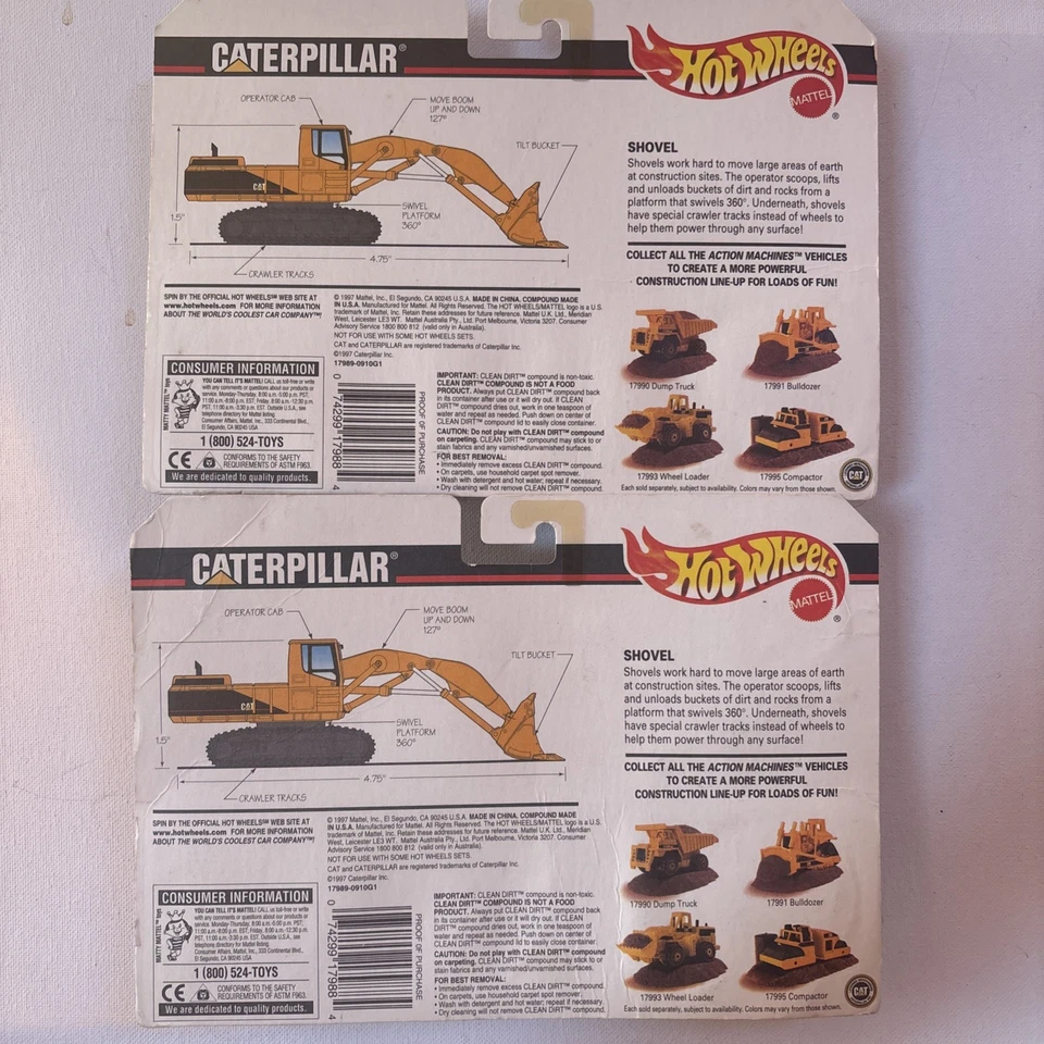 2-Vintage Hot Wheels Action Machines CAT Shovel #17989 Yellow 1/64 Diecast 1997 - Image 2 of 2