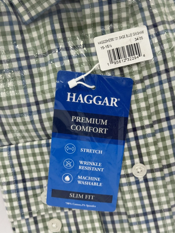 Haggar Premium Comfort Slim Fit Mens Dress Shirt Sage Gingham 15-15.5 34-35 NWT - Image 3 of 4