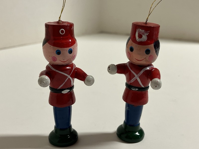 2 Wooden Hand Painted Miniature Figurine Christmas Ornaments. 1970’s, 3.5” Tall
