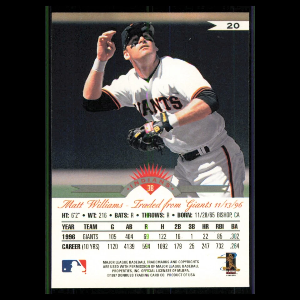Matt Williams #20 1997 Leaf Cleveland Indians Baseball Card MLB NM - Image 2 of 3