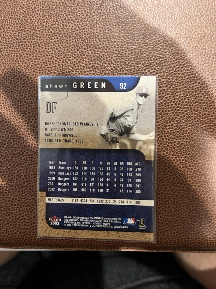 2003 Fleer Genuine Shawn Green Los Angeles Dodgers Baseball Card #92 - Image 2 of 2