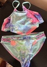 Wonder Nation Girls 2 Piece Swimsuit Blue Pink Green Sz 7/8 Preowned In VG Cond