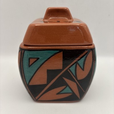 Native American Style Redware Pottery Square Bowl with Lid & Geometric Designs 