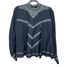 Isabel Marant Women’s  Mooney Printed Linen Blouse 36/S Black High Neck Floral