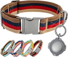 Cotton Dog Collar with AirTag Holder - Heavy-Duty Metal Buckle, Breathable
