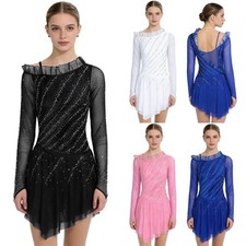 Women Dancewear Contemporary Lyrical Dance Costume Rhinestones Dress Stage Mesh