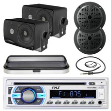 Black 6.5" Boat Speakers,3.5"Box Speakers,Cover,Antenna,Pyle Bluetooth USB Radio