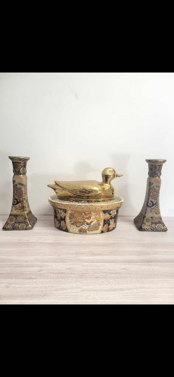 Vintage Chinese Porcelain Gold Plated Turren/2 Candles Holders to match. "RARE"