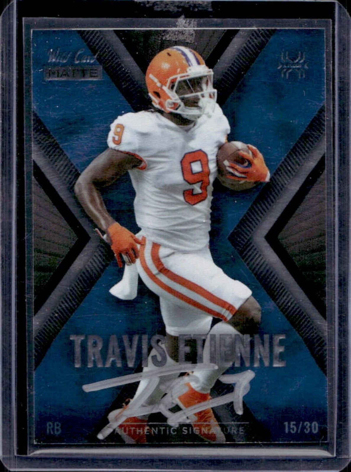 Travis Etienne Wild Card Matte Blue Premier Edition X-Plode Autographs #MXP4 Silver