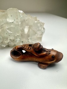 Antique Japanese Boxwood Netsuke Monkey Riding Fish Signed Ichiyo Edo Japan Rare