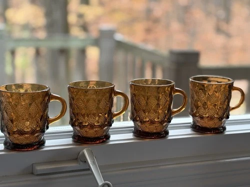 Vintage Anchor Hocking Kimberly Brown Amber Glass Fire King Mug Set of 4