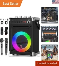 Karaoke Machine with 2 Wireless Mics & LED Lights - Portable Bluetooth Speaker