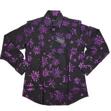 Barry Wang Long Sleeve Christmas Shirt Small Black with Purple Print 20% Silk