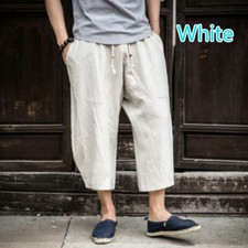 Mens Linen Cotton Capri Pants Harem Loose Baggy Shorts Plain Chinese Casual Soft