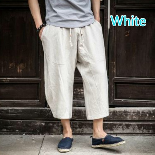 Mens Linen Cotton Capri Pants Harem Loose Baggy Shorts Plain Chinese Casual Soft - Picture 1 of 18