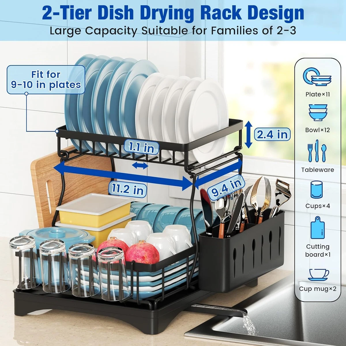 Dish Drying Rack, 3-tier Large Dish Bowl Racks For Kitchen