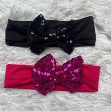 New Girl's Baby/Toddler Bow Sequin Stretch Headband Pink and Black Set