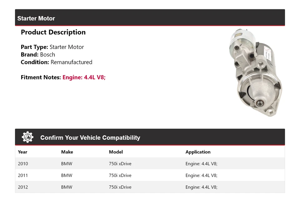 Arranque Bosch V8 4,4 L para BMW 750i xDrive 2010-2012 (remanufacturado) 2011 Foto 2 de 4