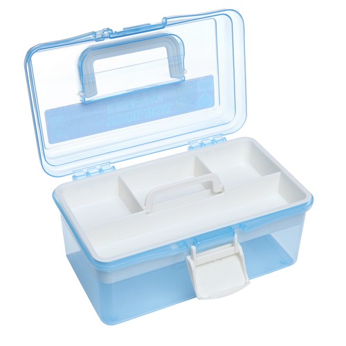 Clear Light Blue Plastic Multipurpose Handled Storage Box w/Removable Tray - Picture 4 of 7