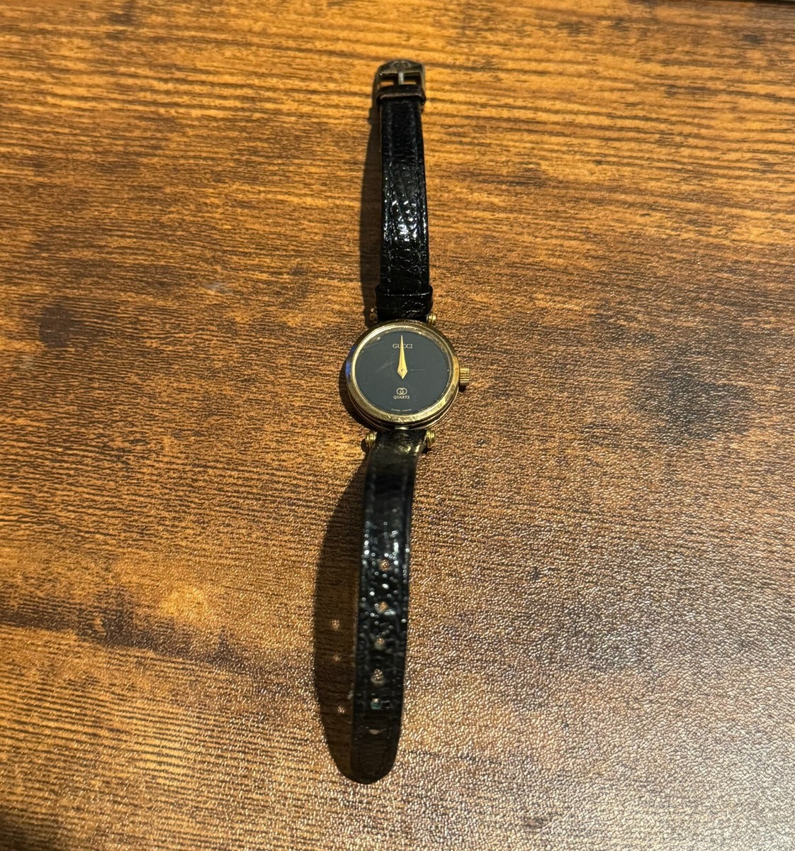 Vintage Gucci 18k Gold Plated Ladies Black Dial Swiss Quartz Watch