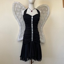 Y2K Dark Romantic Fairy Goth Black Halter Dress Sequin Ruffle Mesh Party 90s VTG