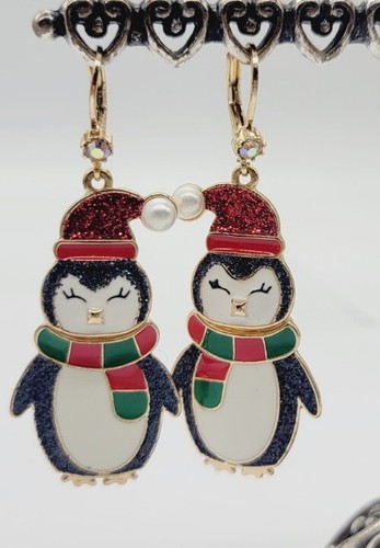 Betsey Johnson Penguin Christmas Earrings With Red Rhinestones And Glitter