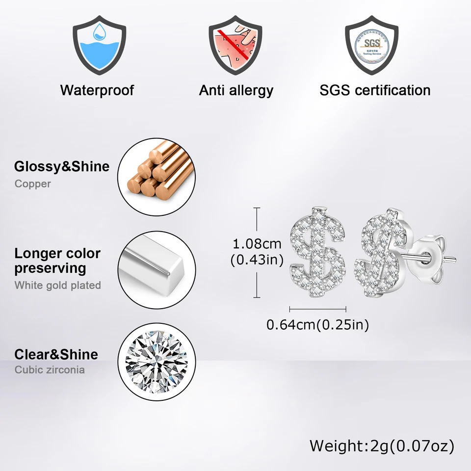 Циркон доллар знак символ серьги-гвоздики мужчин женщин блестящий CZ камни деньги серьги - Изображение 2 из 4