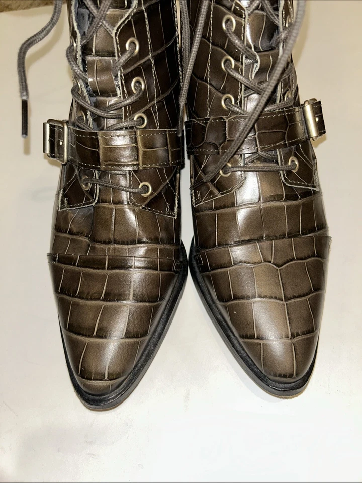 ALLSAINTS Katy Cuero Con Cordones Cremallera Lateral Botines Caqui Oscuro Cocodrilo 40 (US 9) Foto 2 de 4