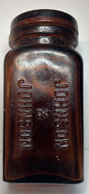 Antique 1890s Johnson & Johnson Amber Square Gauze Dressing Jar Medicine Bottle