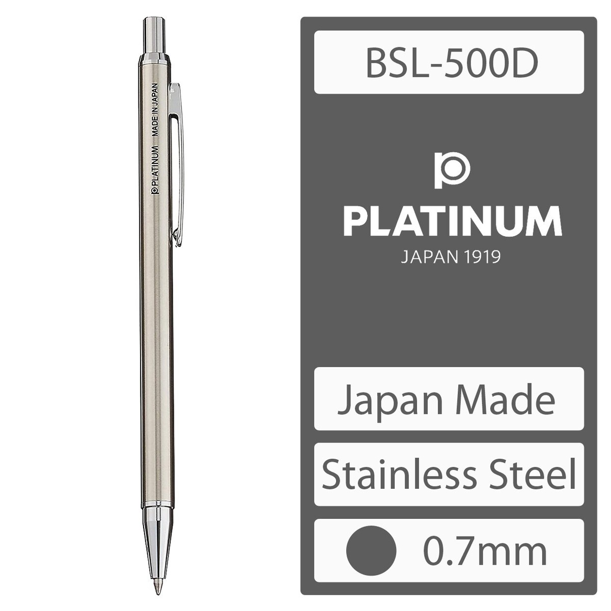 PLATINUM Stainless Steel Industrial Ball-Point Pen 0.7mm BSL-500D