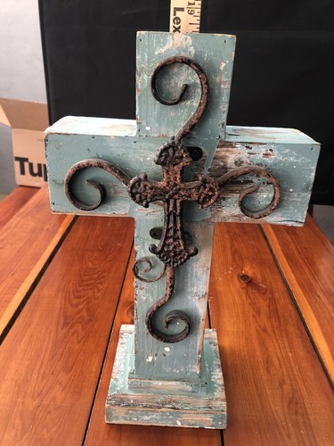 Aqua blue distressed WOODEN CROSS w/ metal tabletop 18"x10"x3" - Picture 6 of 9